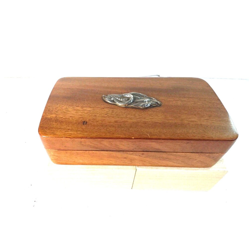 Vintage Mahogany Jewelry/ Trinkey Box W Metal Floral Emblem Handmade In Haiti